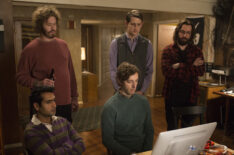 Kumail Nanjiani, T.J. Miller, Thomas Middleditch, Zach Woods, and Martin Starr of Pied Piper in Silicon Valley