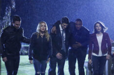 Arrow - Invasion! - Stephen Amell as Oliver Queen, Caity Lotz as Sara Lance, Brandon Routh as Ray Palmer, David Ramsey as John Diggle, and Willa Holland as Thea Queen