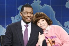 Michael Che and Melissa McCarthy as Michael's Step-Mom during Weekend Update on Saturday Night Live - Season 43