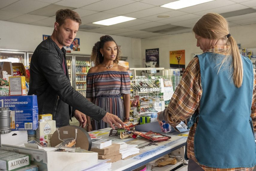 THIS IS US -- "Toby" Episode 304 -- Pictured: (l-r) Justin Hartley as Kevin Pearson, Melanie Liburd as Zoe -- (Photo by: Ron Batzdorff/NBC)