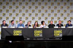 Hayden Schlossberg, Jon Hurwitz, Josh Heald, Tanner Buchanan, Mary Mouser, Xolo Mariduena, Martin Kove, William Zabka, and Ralph Macchio speak at the 'Cobra Kai: Past, Present, And Future' panel during 2019 Comic-Con International at San Diego Convention Center