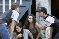 Rob Kerkovich as Forensic Scientist Sebastian Lund, Kasandra Bandfield as FBI Tech, Angela Griffitt as Bad Woman #1, and Necar Zadegan as Special Agent Hannah Khoury in NCIS: New Orleans - 'Judgement Call'