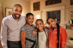 Cress Williams, Christine Adams, China Anne McClain, and Nafessa Williams behind the scenes of Black Lightning 'The Book Of Consequences: Chapter 1'