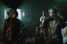 Stephen Amell as Oliver Queen/Green Arrow, Katie Cassidy as Laurel Lance/Black Siren, and David Ramsey as John Diggle/Spartan in Arrow - 'Starling City'