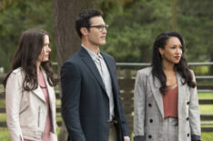 Bitsie Tulloch as Lois Lane, Tyler Hoechlin as Clark Kent/Superman, and Candice Patton as Iris West-Allen in Crisis on Infinite Earths: Part Two