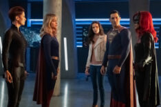 Chyler Leigh as Alex Danvers, Melissa Benoist as Kara/Supergirl, Elizabeth Tulloch as Lois Lane, Tyler Hoechlin as Clark Kent/Superman and Ruby Rose as Kate Kane/Batwoman in Crisis on Infinite Earths: Part One