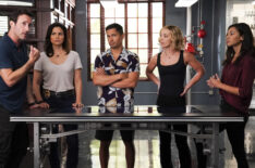 Alex O'Loughlin as Steve McGarrett, Katrina Law as Quinn Liu, Jay Hernandez as Thomas Magnum, Perdita Weeks as Juliet Higgins, and Meaghan Rath as Tani Rey in Hawaii Five-0 - Ihea 'oe i ka wa a ka ua e loku ana? (Where were you when the rain was pouring?)