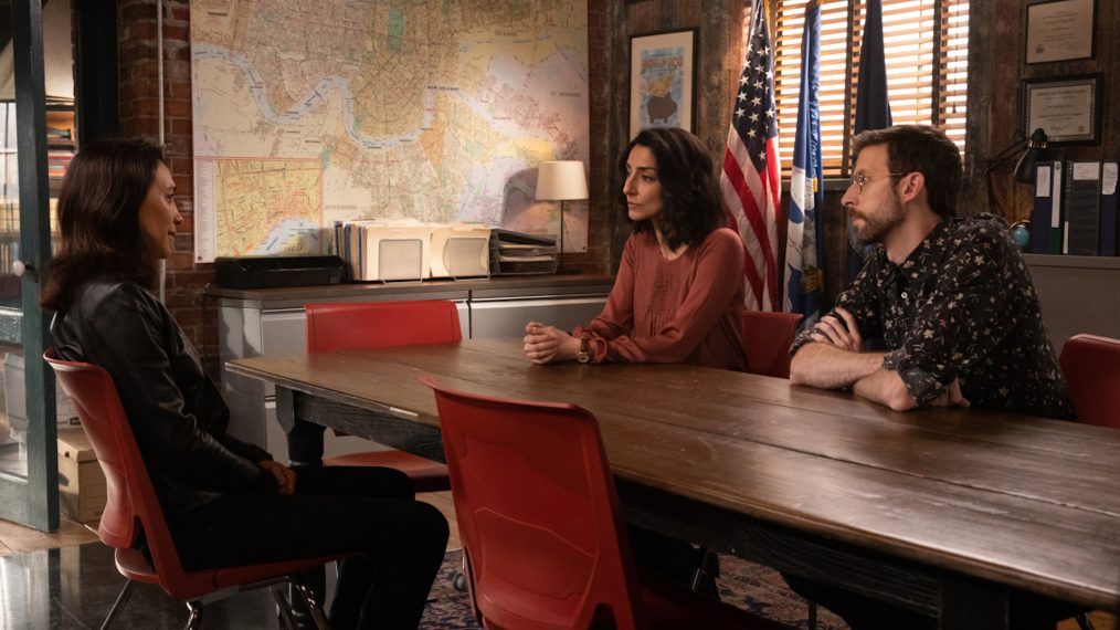 Michelle Bonilla as Rosa Ortiz, Necar Zadegan as Special Agent Hannah Khoury, and Rob Kerkovich as Forensic Scientist Sebastian Lund in NCIS: New Orleans - Season 6, Episode 14 - 'The Man In The Red Suit'