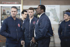 Taylor Kinney as Kelly Severide, Alberto Rosende as Blake Gallo, Jesse Spencer as Matthew Casey, Eamonn Walker as Wallace Boden, Anthony Ferraris as himself in Chicago Fire Season 8 Episode 19 - 'Light Things Up'