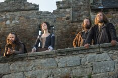 Stephen Walters as Angus, Caitriona Balfe as Claire, Duncan Lacroix as Murtagh, Grant O'Rourke as Rupert MacKenzie in Outlander Season 1