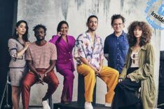 The Resort's Cristin Milioti, William Jackson Harper, Gabriela Cartol, Luis Gerardo Méndez, Andy Siara, and Nina Bloomgarden at TV Insider's SDCC portrait studio