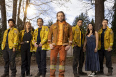 Jules Latimer as Eve Oliver, Diane Farr as Sharon Leone, Billy Burke as Vince Leone, Max Thieriot as Bode Donovan, Jordan Calloway as Jake Crawford, Stephanie Arcila as Gabriella Robles and Kevin Alejandro as Manny Robles in CBS's 'Fire Country'