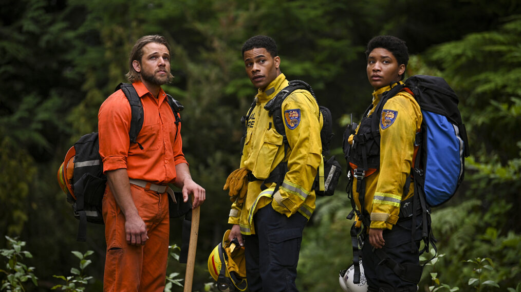 Max Thieriot as Bode Donovan, Jordan Calloway as Jake Crawford, and Jules Latimer as Eve Edwards in 'Fire Country'