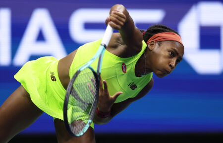 Coco Gauff of the U.S. serves against Karolina Muchova of the Czech Republic during the U.S. Open on Thursday, September 7, 2023