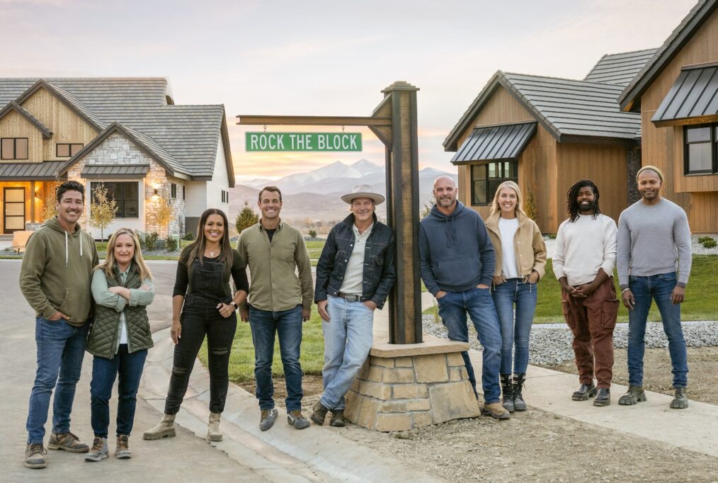 Jonathan Knight and Kristina Crestin, Page Turner and Mitch Glew, Bryan and Sarah Baeumler, and Anthony Elle and Michel Smith Boyd pose next to the Rock The Block sign, as seen on Rock the Block, Season 4.