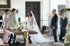 Ryan Guzman as Eddie, Oliver Stark as Buck, and Jennifer Love Hewitt as Maddie with Gregory Harrison and Dee Wallace in '9-1-1' Season 7 Episode 6 'There Goes the Groom'