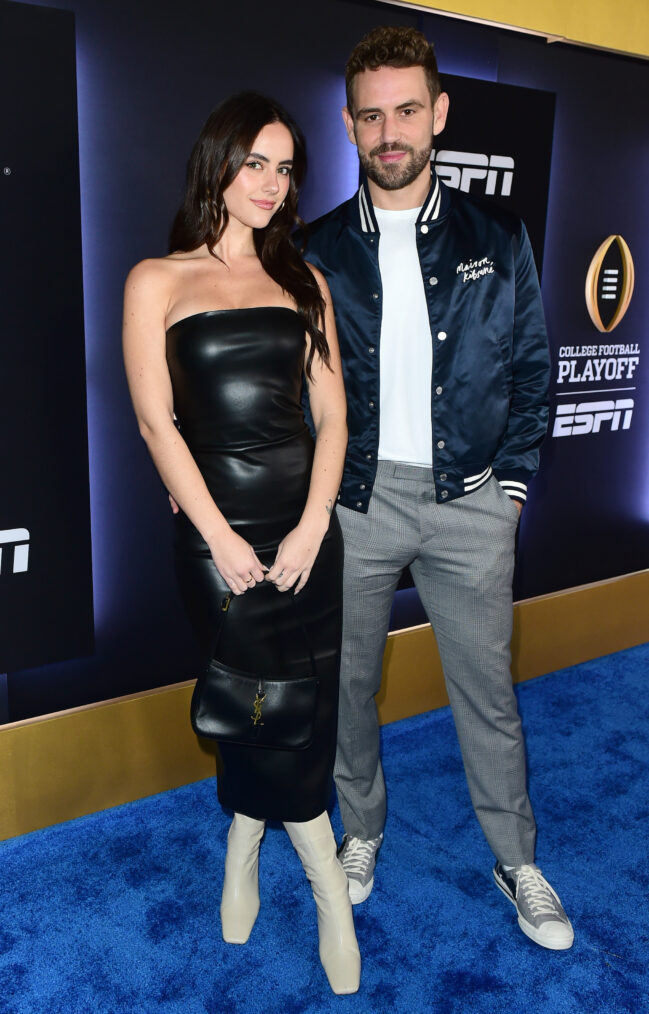 Natalie Joy and Nick Viall attend the Allstate Party at the Playoff, hosted by ESPN & CFP on January 07, 2023 in Los Angeles, California.