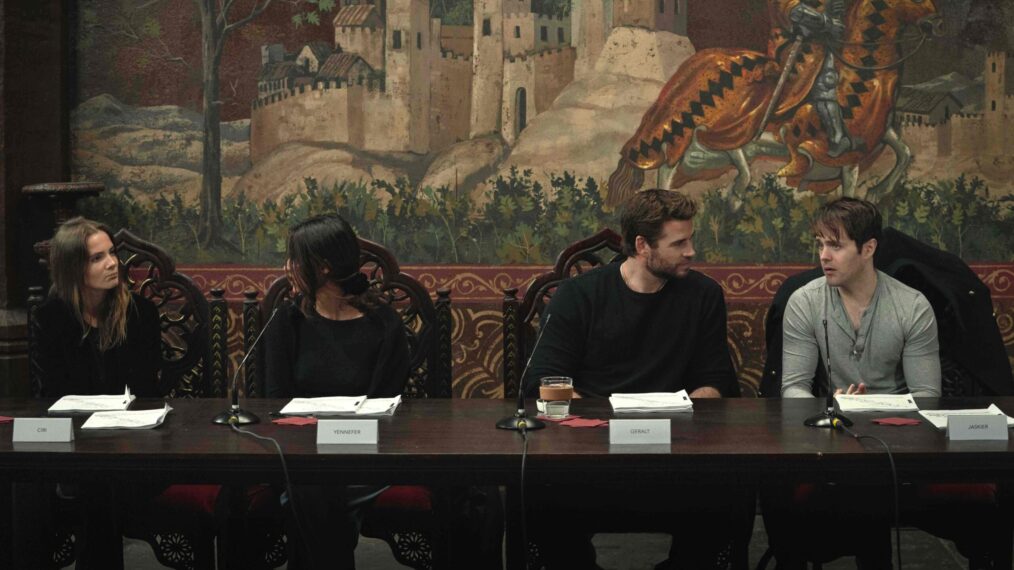 Freya Allan, Anya Chalotra, Liam Hemsworth, and Joey Batey at a table read for Season 4 of The Witcher