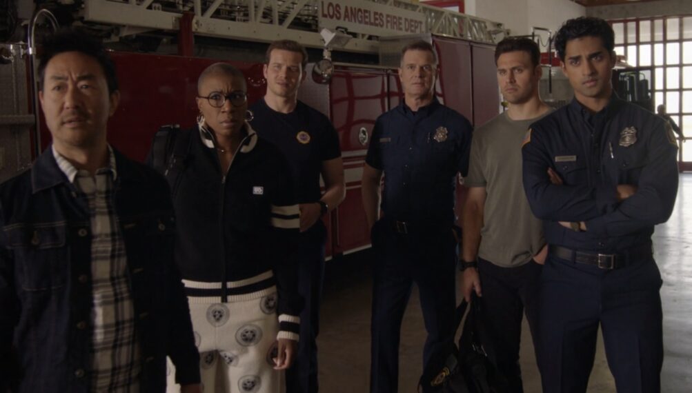 Kenneth Choi as Chimney, Aisha Hinds as Hen, Oliver Stark as Buck, Peter Krause as Bobby, Ryan Guzman as Eddie, and Anirudh Pisharody as Ravi in '9-1-1'