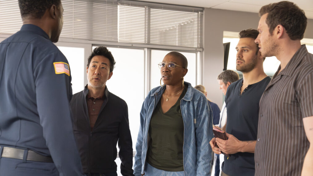 Kenneth Choi as Chimney, Aisha Hinds as Hen, Ryan Guzman as Eddie, and Oliver Stark as Buck in the '9-1-1' Season 7 Finale 'All Fall Down