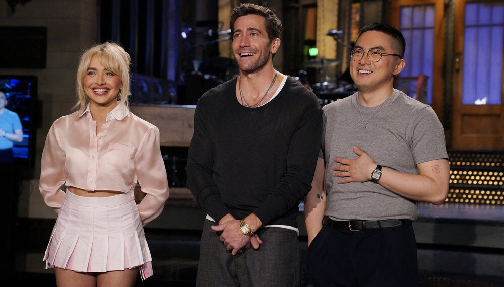 SATURDAY NIGHT LIVE -- Episode 1864 -- Pictured: (l-r) Musical guest Sabrina Carpenter, host Jake Gyllenhaal, and Bowen Yang during Promos in Studio 8H on Thursday, May 16, 2024 -- (Photo by: Rosalind OConnor/NBC)
