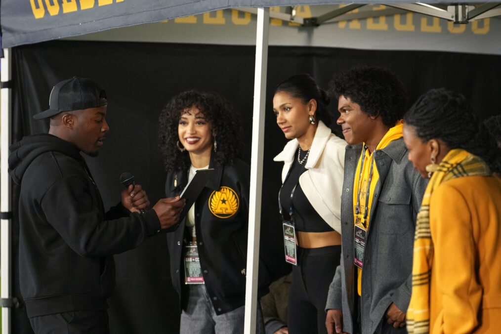 Daniel Ezra, Samantha Logan, Greta Onieogou, and Spence Moore on set of 'All American's 100th episode, Season 6 Episode 9