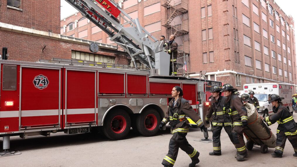 Miranda Rae Mayo as Stella Kidd and Jake Lockett as Sam Carver in the 'Chicago Fire' Season 12 Finale 