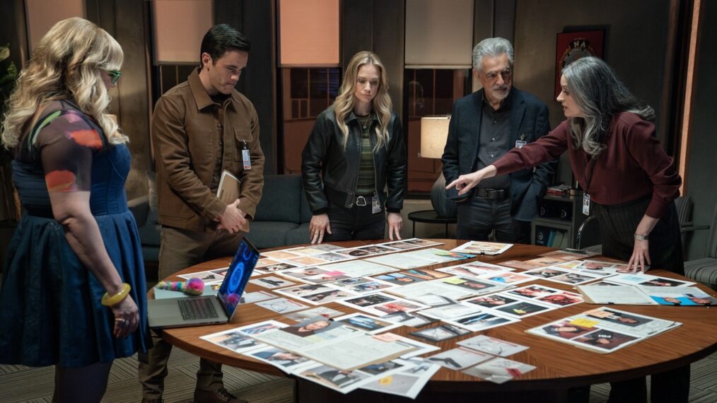 Kirsten Vangsness as Penelope Garcia, Ryan-James Hatanaka as Tyler Green, A.J. Cook as Jennifer ‘JJ’ Jareau, Joe Mantegna as David Rossi and Paget Brewster as Emily Prentiss in 'Criminal Minds: Evolution' Season 17 Episode 1 