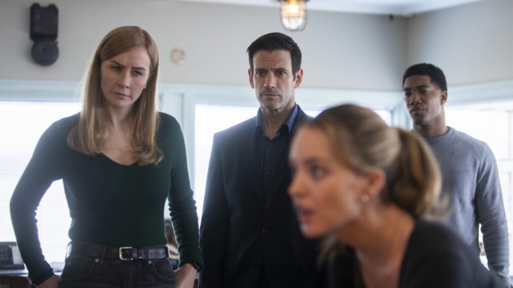 Eva-Jane Willis as Europol Agent Megan “Smitty” Garretson, Colin Donnell as Brian Lange, and Carter Redwood as Special Agent Andre Raines in the 'FBI: International' Season 3 Finale 