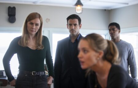 Eva-Jane Willis as Europol Agent Megan “Smitty” Garretson, Colin Donnell as Brian Lange, and Carter Redwood as Special Agent Andre Raines in the 'FBI: International' Season 3 Finale 