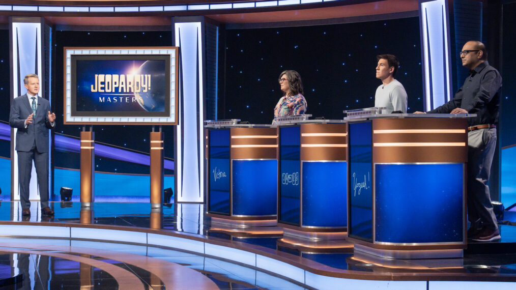 Contestants Yogesh Raut, Victoria Groce and James Holzhauer compete in 'Jeopardy! Masters' finals with host Ken Jennings