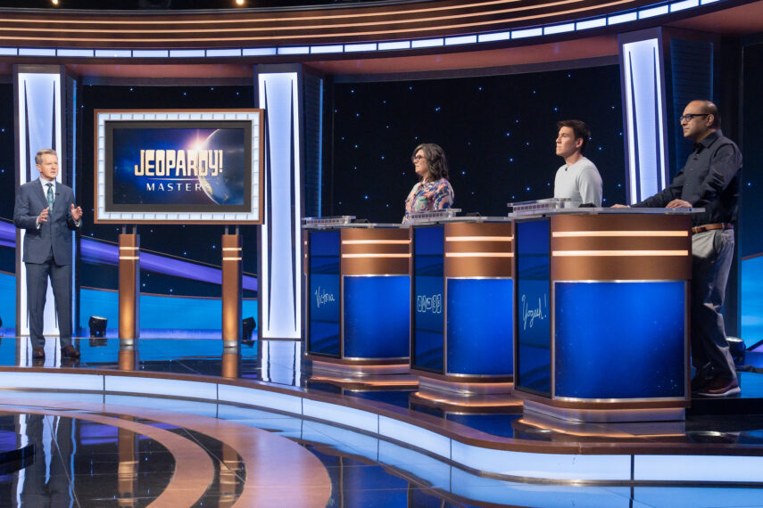 Contestants Yogesh Raut, Victoria Groce and James Holzhauer compete in 'Jeopardy! Masters' finals with host Ken Jennings