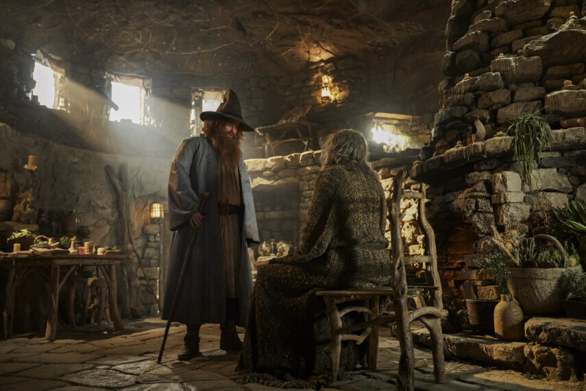 Rory Kinnear as Tom Bombadil and Daniel Weyman as the Stranger in “The Lord of the Rings: The Rings of Power”, Season 2