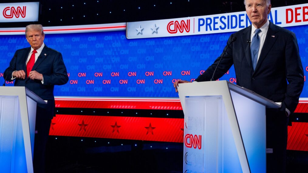 U.S. President Joe Biden and Republican presidential candidate, former President Donald Trump participate in the CNN Presidential Debate at the CNN Studios on June 27, 2024 in Atlanta, Georgia.