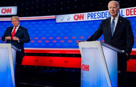 ATLANTA, GEORGIA - JUNE 27: U.S. President Joe Biden and Republican presidential candidate, former President Donald Trump participate in the CNN Presidential Debate at the CNN Studios on June 27, 2024 in Atlanta, Georgia. The debate is the first of two scheduled between the two candidates before the November election. (Photo by Andrew Harnik/Getty Images)