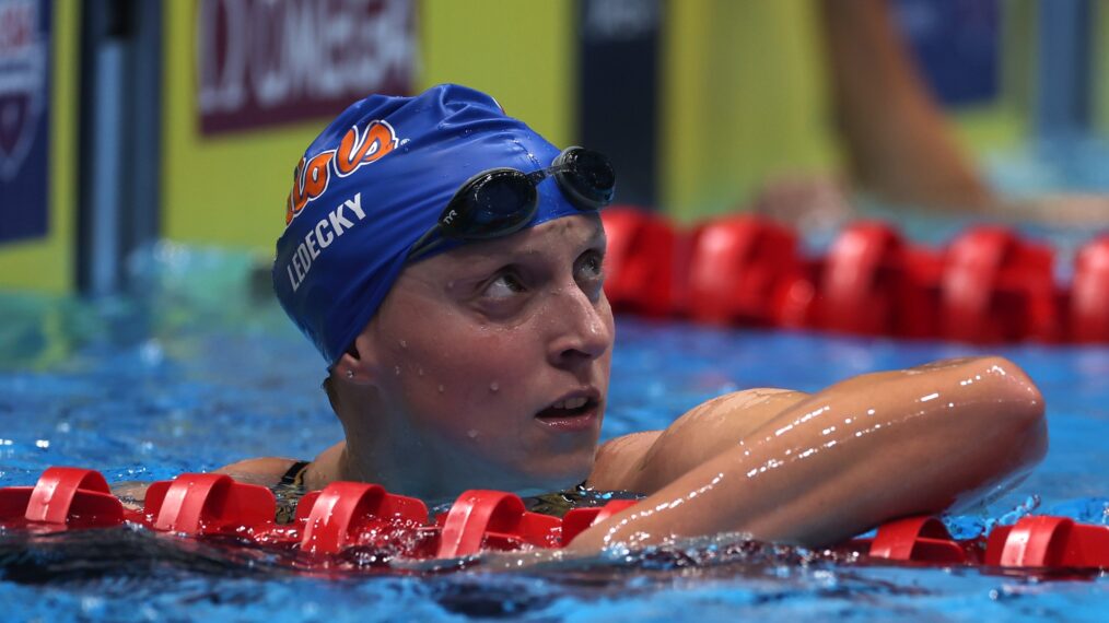 Katie Ledecky of the United States looks on after the Women's 800m freestyle final on Day Eight of the 2024 U.S. Olympic Team Swimming Trials at Lucas Oil Stadium on June 22, 2024 in Indianapolis