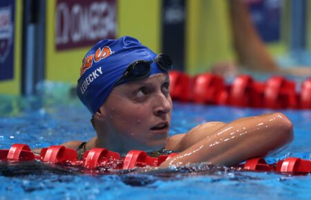 Katie Ledecky of the United States looks on after the Women's 800m freestyle final on Day Eight of the 2024 U.S. Olympic Team Swimming Trials at Lucas Oil Stadium on June 22, 2024 in Indianapolis