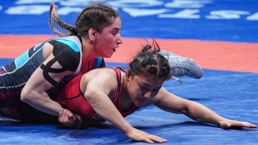 ISTANBUL, TURKIYE - MAY 11: Turkish National Wrestler Zeynep Yetgil, competes with Shokhida Akhmedova during the World Olympic Qualifications in Istanbul, Turkiye on May 11, 2024. Yetgil, secure her place in the Paris 2024 Olympic Games by triumphing over her opponent Shokhida Akhmedova with a score of 10-0 in the women's 53-kilogram category. (Photo by Cemal Yurttas/Anadolu via Getty Images)