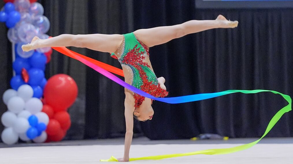 MINNEAPOLIS, MN - JUNE 23: Anna Tang performs with the ribbon in the Rhythmic Gymnastics Senior Level 10 qualifiers at the 2024 USA Gymnastics Championships on June 23, 2024, at the Minneapolis Convention Center in Minneapolis, MN. (Photo by Matt Blewett/Icon Sportswire via Getty Images)