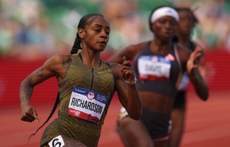 Sha'Carri Richardson competes in the first round of the women's 200 meters on Day Seven of the 2024 U.S. Olympic Team Track & Field Trials at Hayward Field on June 27, 2024 in Eugene, Oregon