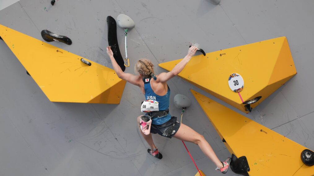 SHANGHAI, CHINA - MAY 19: Futaba Ito of Japan competes in the Women's Sport Climbing Boulder & Lead Final on day four of 2024 Olympic Qualifier Series Shanghai on May 19, 2024 in Shanghai, China.(Photo by Zhe Ji/Getty Images)