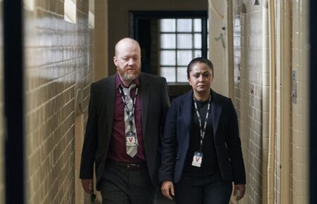 Steve Oram as Clive Bottomley and Parminder Nagra as D.I. Rachita Ray in 'D.I. Ray' Season 2 Episode 