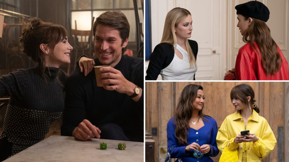 Lily Collins, Lucas Bravo, Camille Razat, and Ashley Park in 'Emily in Paris' Season 4