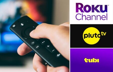 The Roku Channel, Pluto TV, and Tubi logos