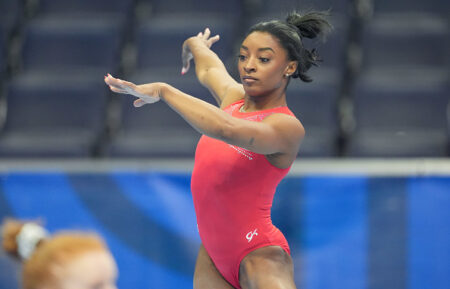 MINNEAPOLIS, MN - JUNE 26: Simone Biles practices in the floor exercise area at the Women's U.S. Olympic Gymnastics Team Trials podium training session on June 26, 2024 at Target Center in Minneapolis, MN. (Photo by Matt Blewett/Icon Sportswire via Getty Images)