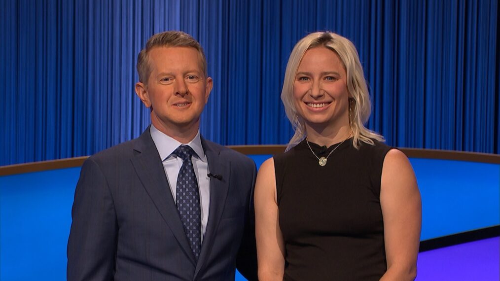 Ken Jennings and Jeopardy contestant Erin Buker