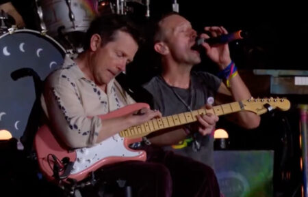 Michael J. Fox and Coldplay performing at Glastonbury Festival on June 29, 2024