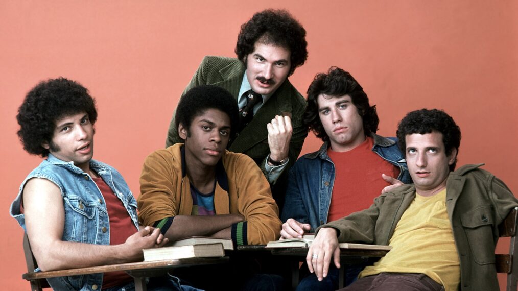 Robert Hegyes, Lawrence-Hilton Jacobs, Gabe Kaplan, John Travolta, and Ron Palillo in 'Welcome Back, Kotter'