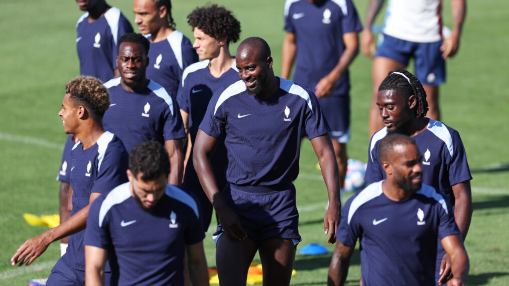 Jean-Philippe Mateta of Team France looks on during a Team France Football Training Session at Stade La Gardi ahead of the Paris Olympic Games on July 23, 2024 in Marseille, France.