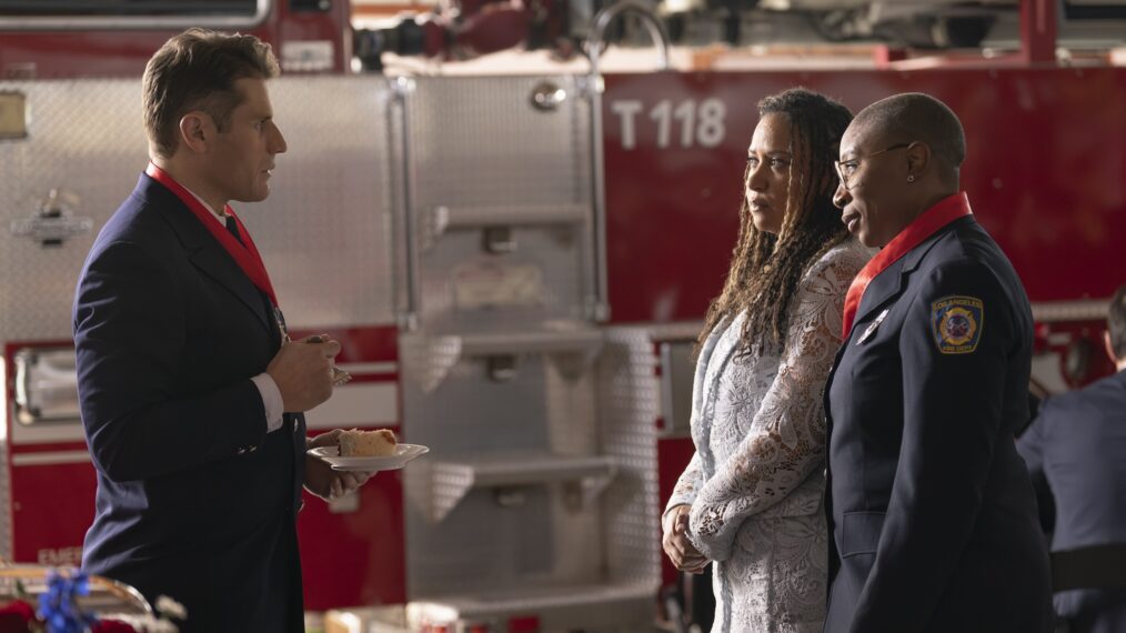 Lou Ferrigno Jr. as Tommy, Tracie Thoms as Karen, and Aisha Hinds as Hen in '9-1-1' Season 7 Episode 9 